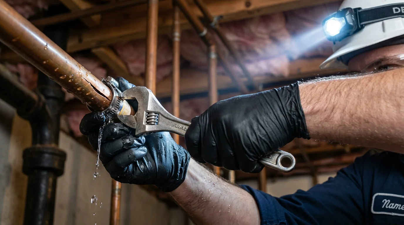 Emergency pipe clamp repair being performed by a Johns Plumbing LLC plumber in Athol